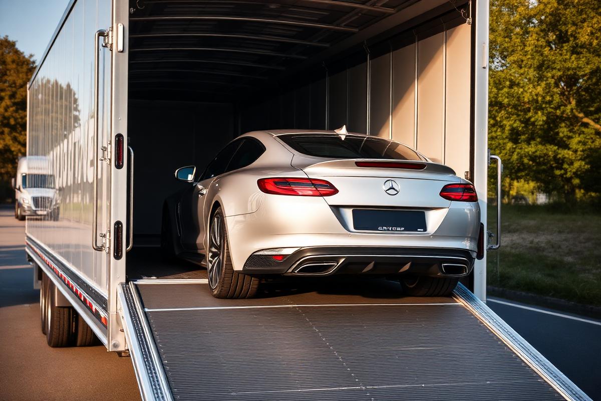 Enclosed auto transport trailer loading a luxury vehicle