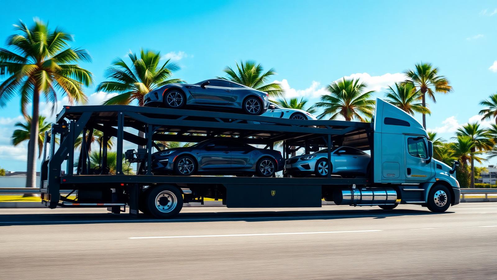 Car carrier loaded with vehicles driving past palm trees on a South Florida highway